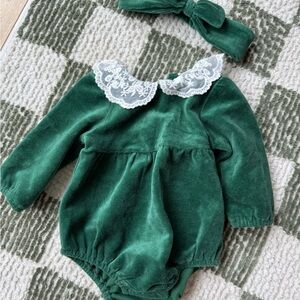 Little Me Green Velvet Romper with Lace Trim and matching headband